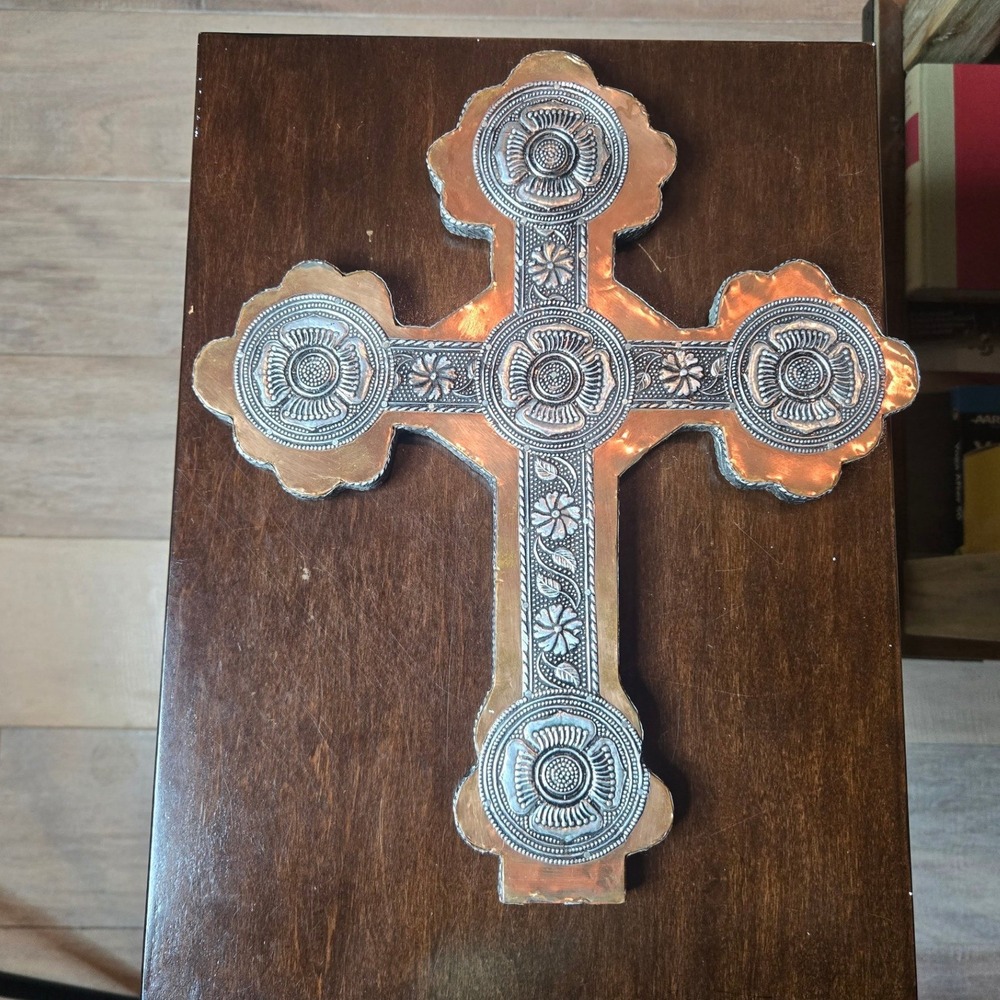 Vintage Mixed Metal Floral Embossed Wall Cross Copper Silver Tone 12in Christian